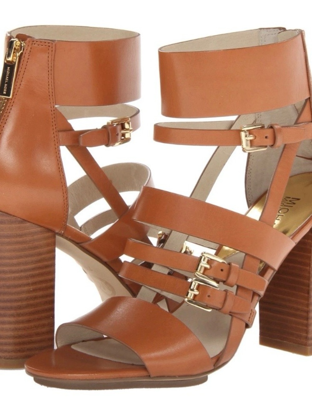 Michael Kors Winston Tan Leather Multi-Strap Block Heel Sandals